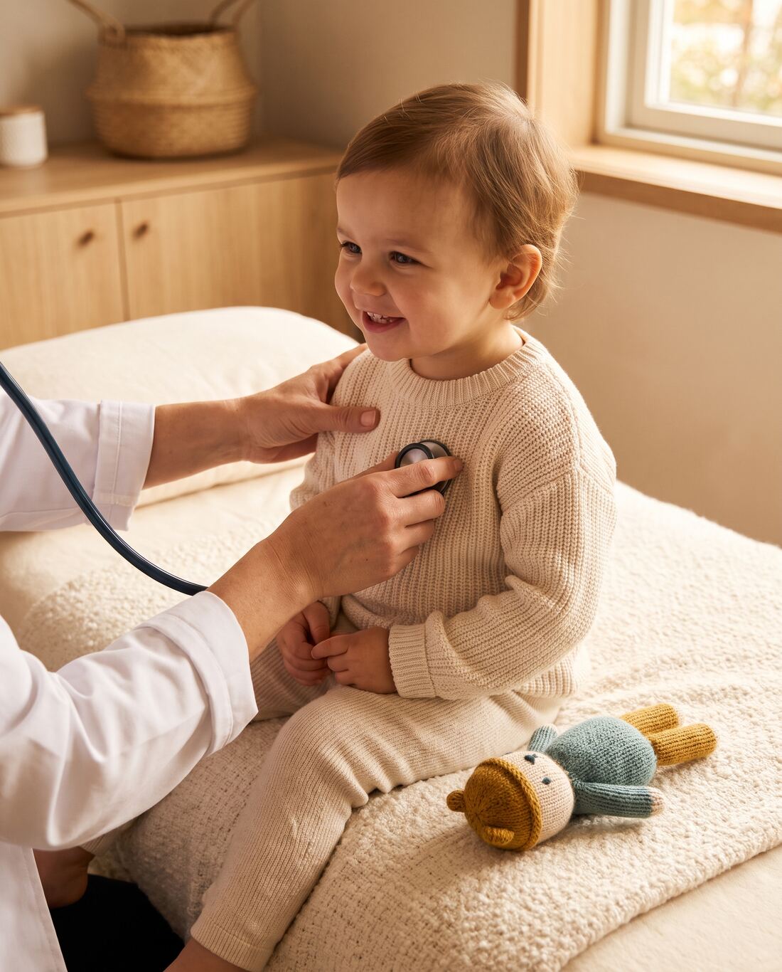 Revisión pediátrica con estetoscopio a un niño sonriente